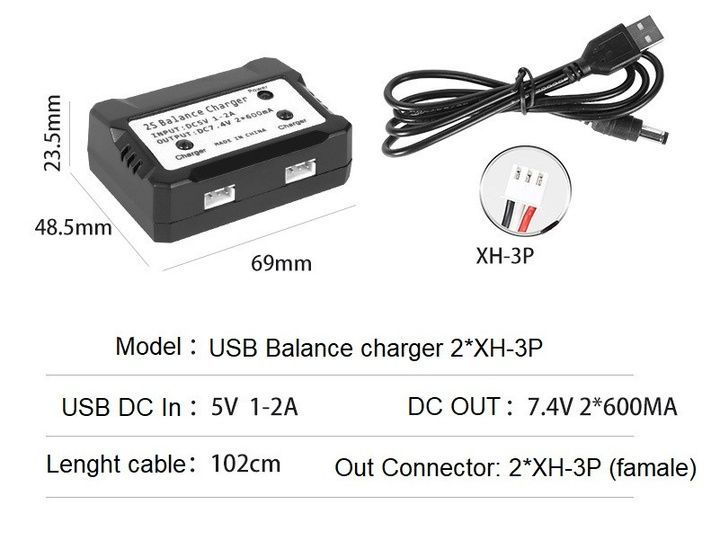 Зарядний пристрій BMS 2S на 2 акумулятори Li-Po Li-ion 7.4V 2x600mAh XH 3P BMAX-2X2S фото